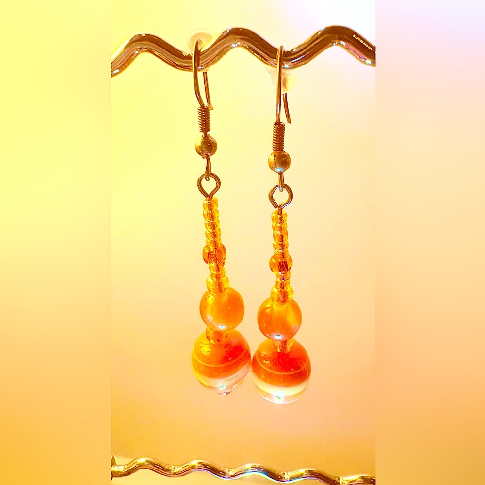 Earrings Pierced Handcrafted HALLOWEEN/FALL Orange w/Yellow Stripes Orange Glass